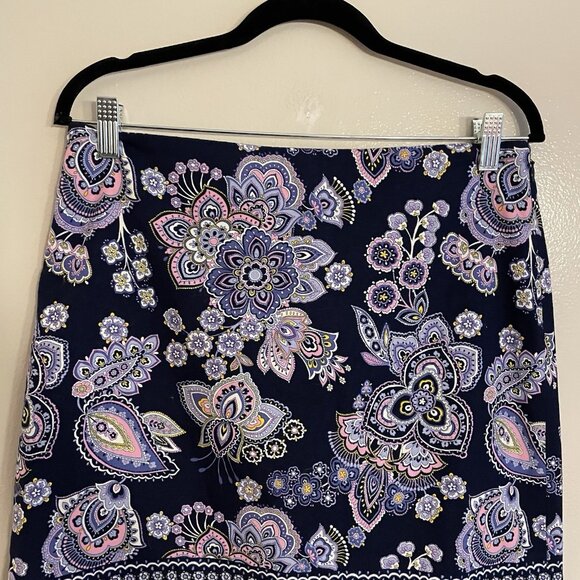 Talbots Petite Sz 8P Navy Blue Cotton Blend Preppy Paisley Canvas A-Line Skirt - Picture 5 of 10